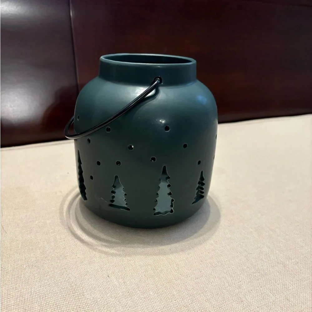 Green Ceramic Lantern Candle Holder with Tree Cutouts Holiday Winter Decor